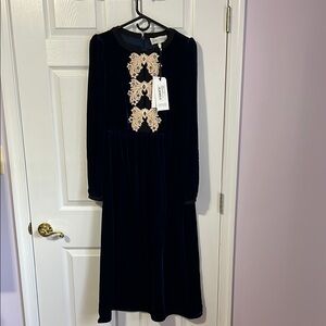 SALONI Navy Velvet Dress with Cream Embellishments
